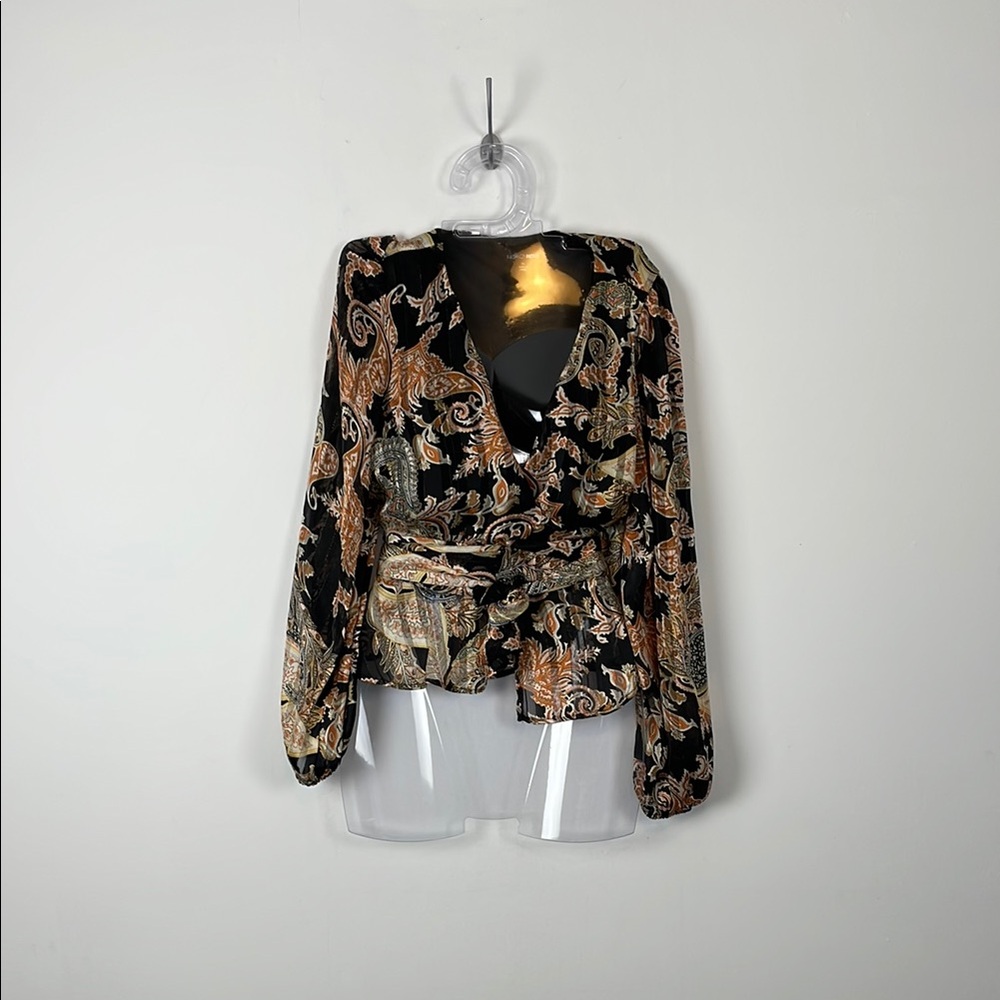 Fashion Nova Womens XL Bishop Long Sleeve Chiffon  Multicolor Floral Wrap Blouse